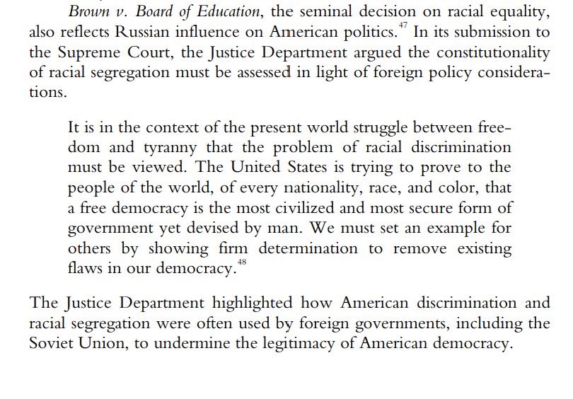 First, racism being exploited as a national security vulnerability, even by Russia, is not new.  @TheJusticeDept articulated this extremely well in 1959 in an Amicus Brief for the U.S. during Brown v. Board of Education. Our government was hip to this way back then.