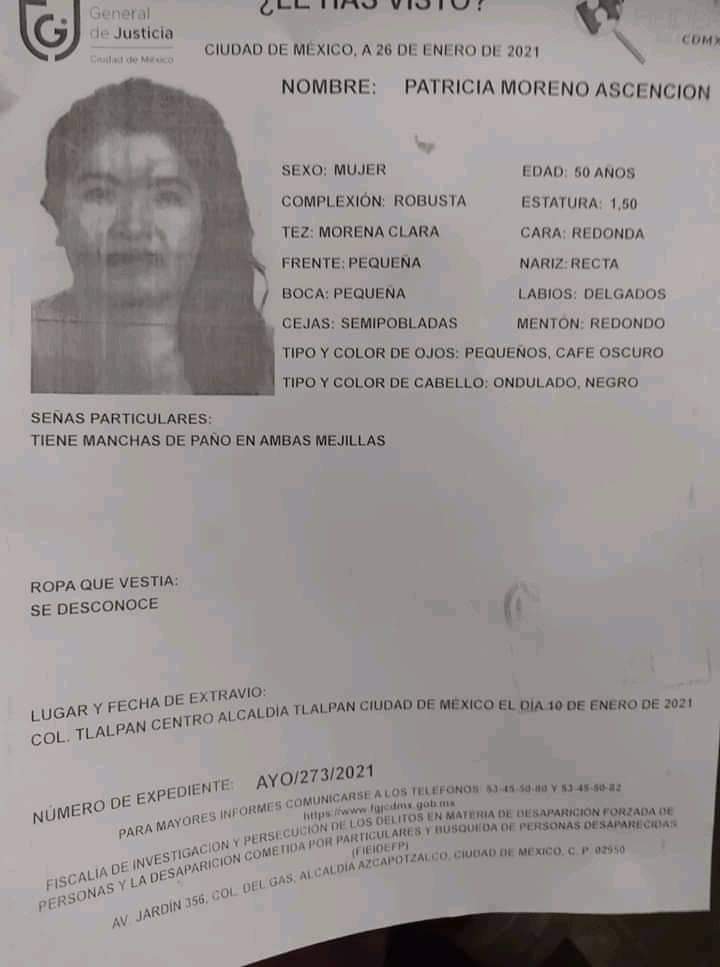 Ayúdanos a difundir la foto de Patricia Moreno. Su familia la está buscando, tú solidaridad es muy importante para poder localizarla.

#Desaparecida #CDMX #Tlalpan #NiUnaMenos