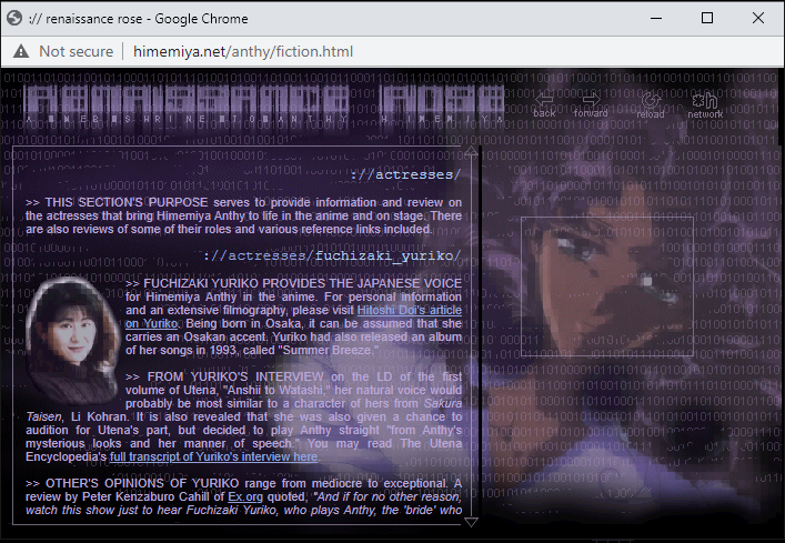 Renaissance Rose, an Anthy shrine, is amazingly STILL UP, though the main domain is goneish. It is PEAK FUCK YOU web design from the era, involving animated gifs, pop up framed design, scripted scrollbars that probably don't work in any browser now, etc:  http://himemiya.net/anthy/index.html