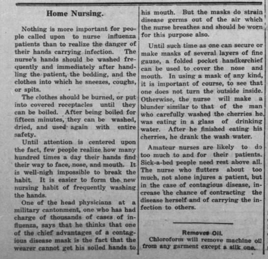 This article reminds me of the early days of the pandemic, when we were all trying desperately not to touch our faces. "Few people realize how many hundred times a day their hands find their way to their face, nose and mouth." (Marshfield News, 01/30/1919)