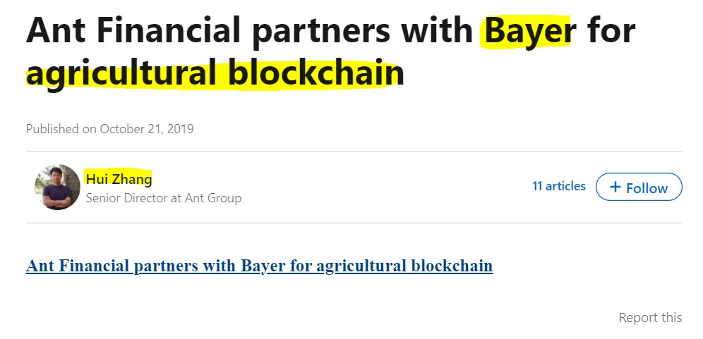 13/ Remember Hui Zhang of Ant Group above?He shared this link on his Linkedin more than a year ago: https://www.ledgerinsights.com/ant-financial-bayer-agricultural-blockchain/Recently in an interview, Dan mentioned something going on with Bayer as well.Everything is falling in place guys, OMG, this will be EPIC!!
