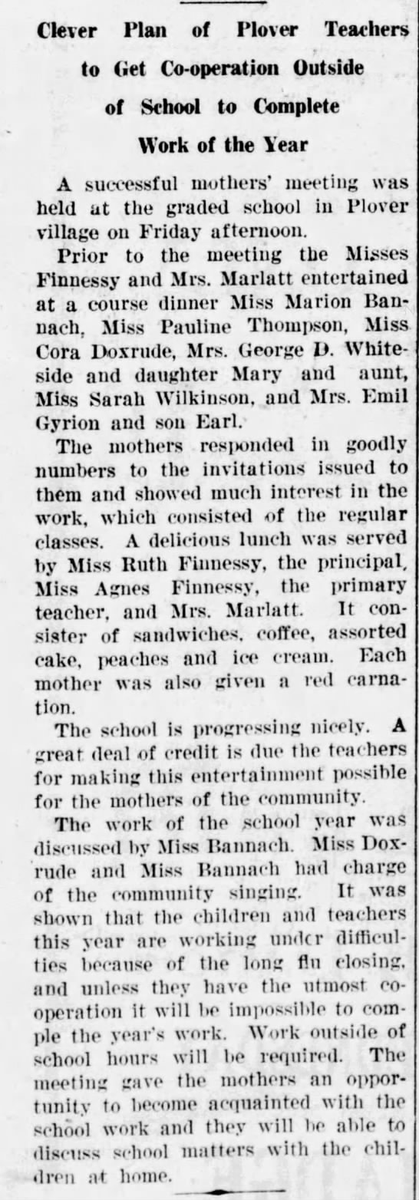 Teachers in Plover, including a Miss Bannach, work with mothers to create a plan to help students regain ground lost during the pandemic. (Stevens Point Journal, 02/03/1919)