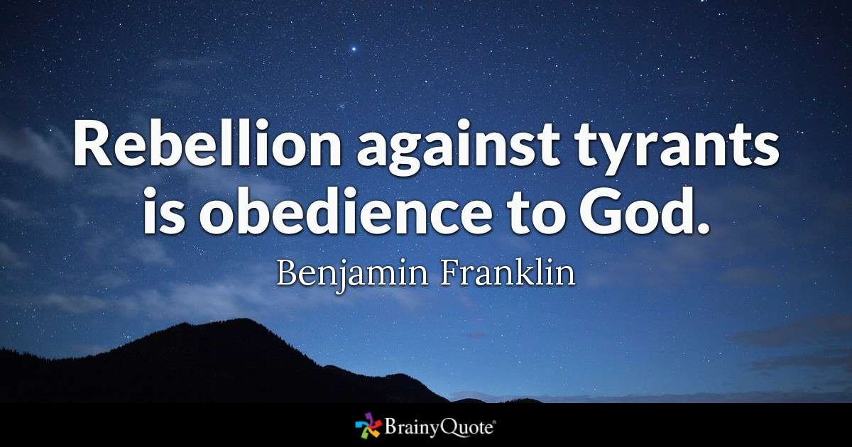 ksreb's tweet photo. "Rebellion to Tyrants is Obedience to God" was a motto suggested, but not used, for the Seal of the United States of America, by Benjamin Franklin. Thomas Jefferson liked it so much he eventually appropriated it for his own seal. https://t.co/RZZSWH3ljD