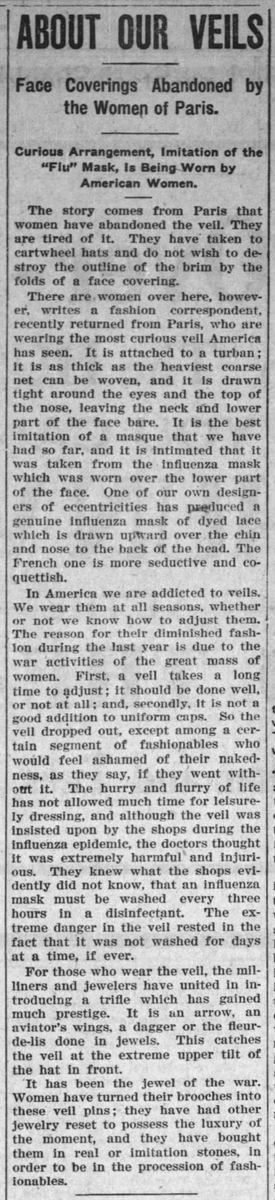 More pandemic-inspired fashion, as women's veils take on new character. (Marshfield News, 02/06/1919)