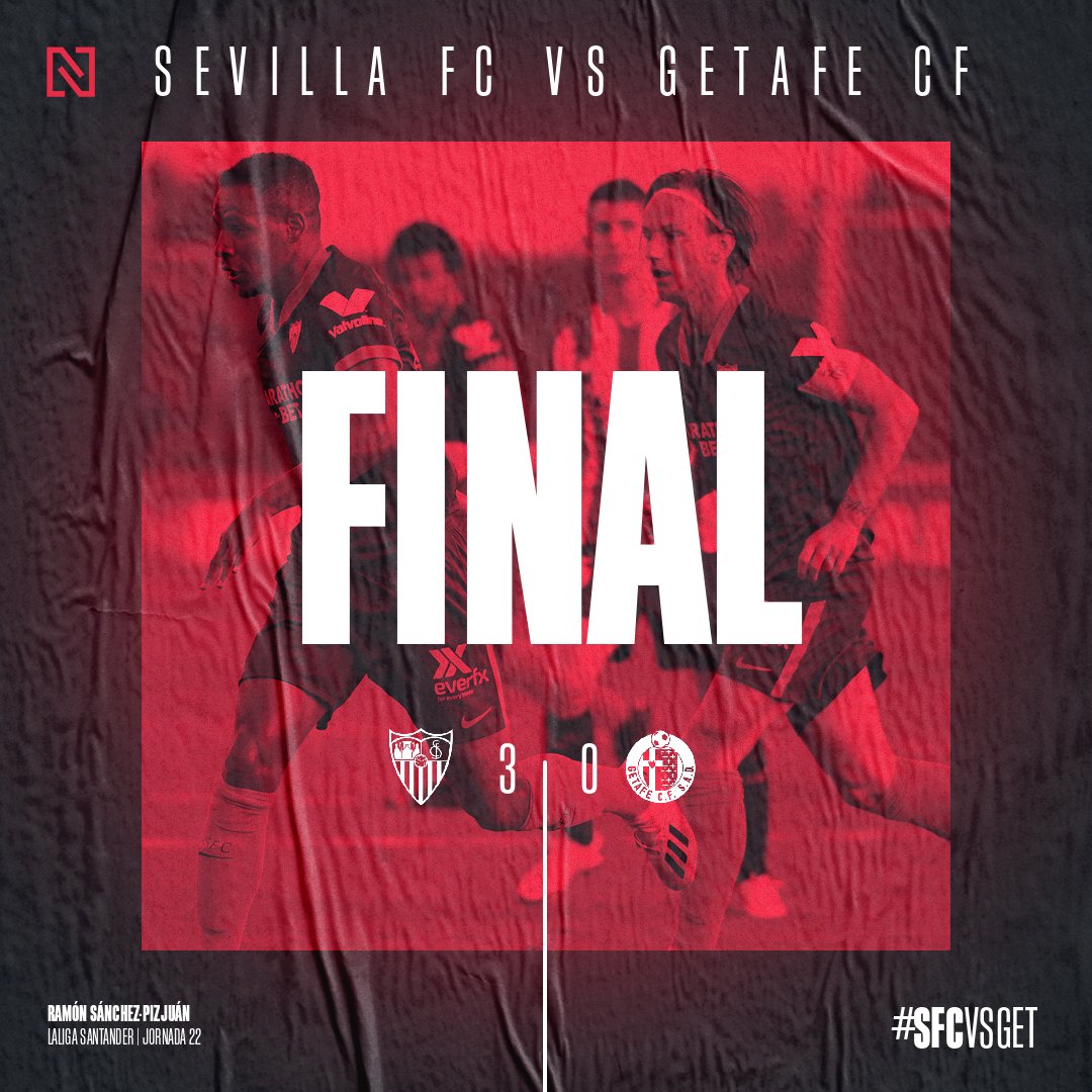 BigDataSFC's tweet photo. 3 #SFCvGET 0 | ¡FINAL! El Sevilla consiguió golear al Getafe pese a Bordalás, Martínez Munuera, González González y Djené. Gran partido de los de Lopetegui. [98'] https://t.co/SnHeoNXoMQ
