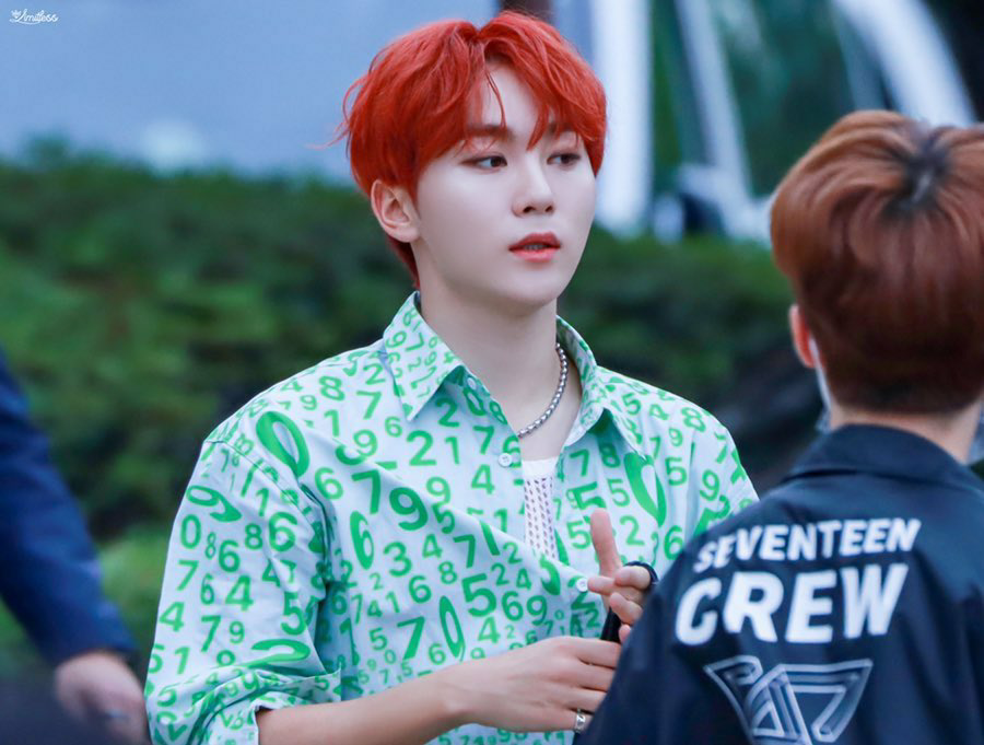 seungkwan with red hair; a thread