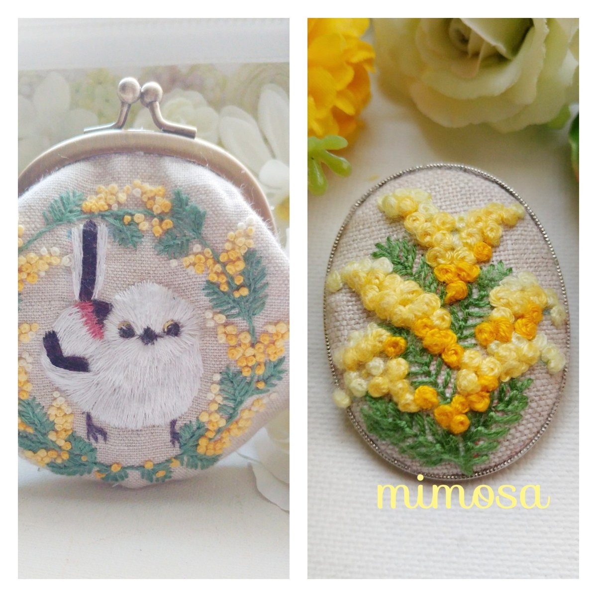 糸里 Itori 刺繍小物を作っています Minne Creema始めました 手刺繍がま口 ミモザのリースと シマエナガ 手刺繍ブローチ ミモザのブロー チ お気に入り登録していただきました T Co Xj1ylzit67 Minne Minne Fav T Co