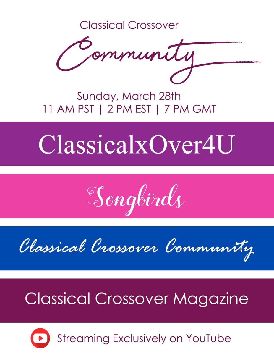 JannieBroadcast's tweet photo. 28 March Fabulous collaboration concert @ClassCrossMag @trebor4128 #Songbirds and #ClassicalCrossoverCommunity soooo looking forward to this 😊 https://t.co/ws5tyAxl2Q