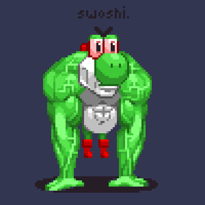 ckelsallpxls's tweet photo. So I revisited an old #pixelart piece I made called "Muscle Yoshi"... I now call him #swoshi .
Feel free to make swoshi art and @ me it! https://t.co/LtwVJ6UQwj