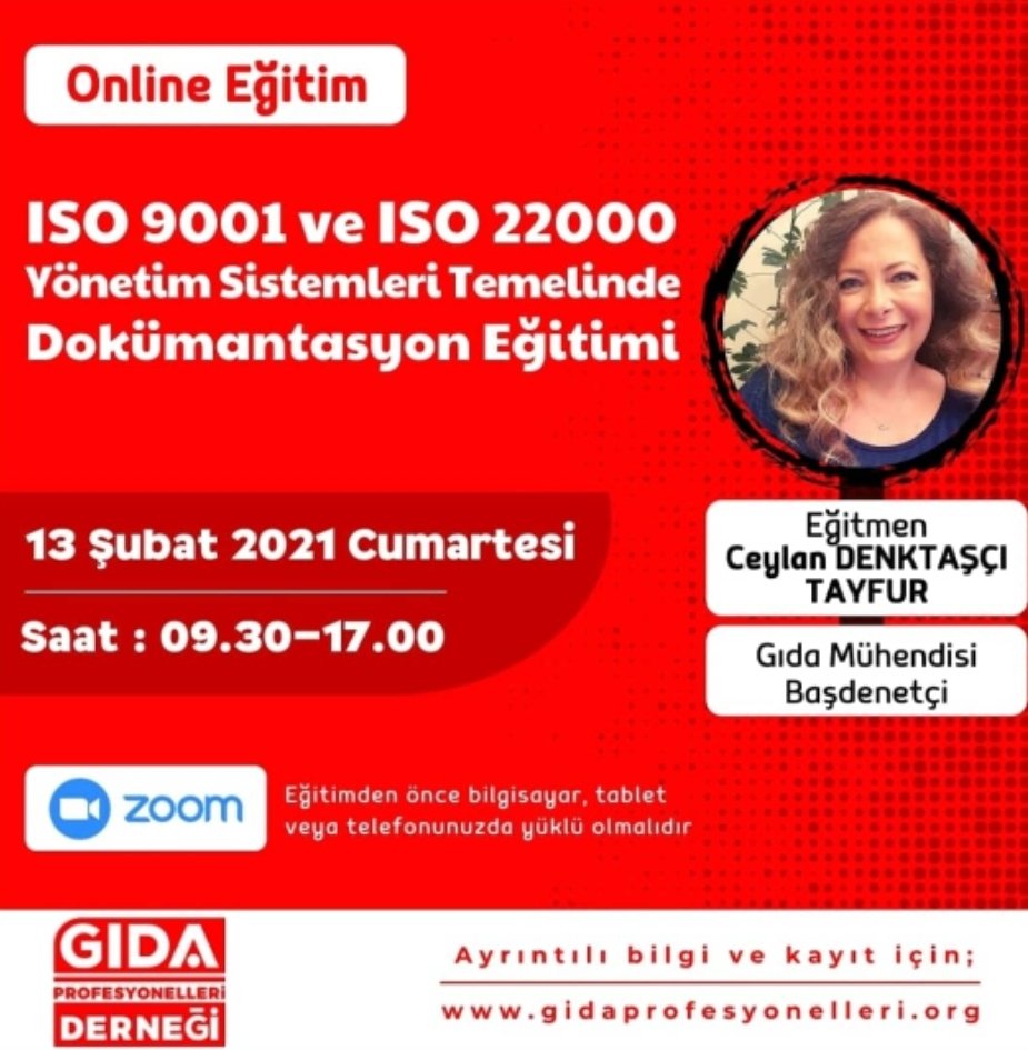 ISO 9001 VE ISO 22000 YÖNETİM SİSTEMLERİ TEMELİNDE DOKÜMANTASYON EĞİTİMİ-Online

Eğitim Tarihi
13 Aralık 2020 Cumartesi 
Saat: 09.30-17.00-Zoom

Eğitmen
Gıda Müh./Başdenetçi Ceylan DENKTAŞÇI TAYFUR

Eğitime kayıt formu
forms.gle/WyDgB3Xe3GvCpe…

Bilgi için gidaprofesyonelleri.org