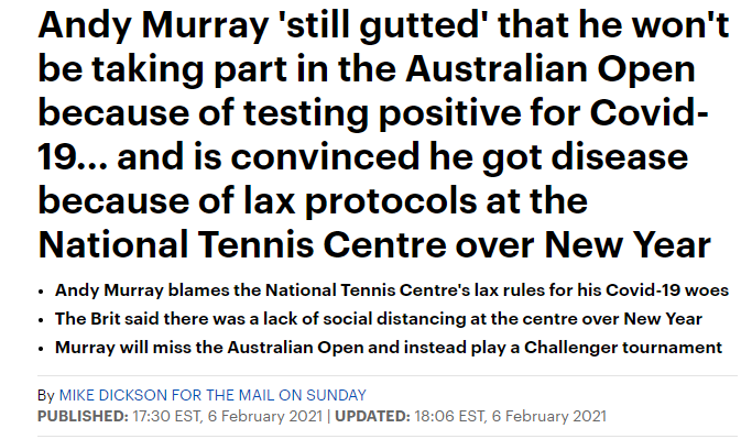 Dickson about the British Tour at the HIGHEST of the Pandemic: calm. (left) https://www.dailymail.co.uk/sport/tennis/article-9231985/Andy-Murray-gutted-missing-Australian-Open-coronavirus.htmlDickson about Adria Tour at the lowest of the pandemic: unhinged. (right, about the Battle of the Brits)Travesty. Hypocrisy.