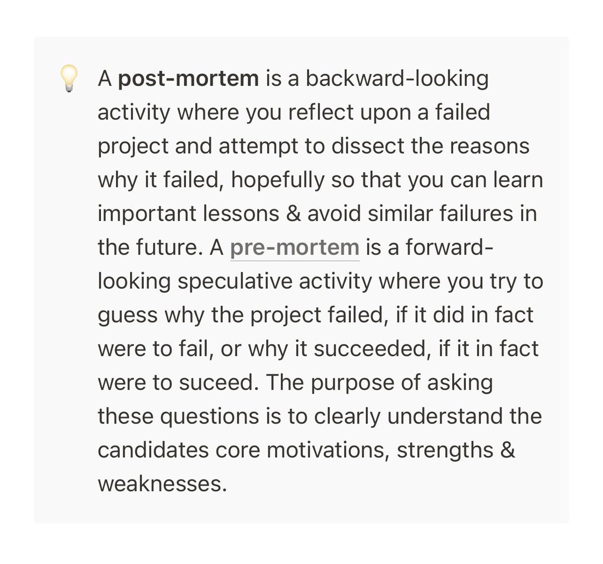 6. SUCESS pre-mortem — if we hire X & it doesn't work out––based on your experience––what would you guess would be the cause?I ask this from both the candidate’s perspective & the company perspectiveNo one else asks this question, so YMMV but often you get amazing answers