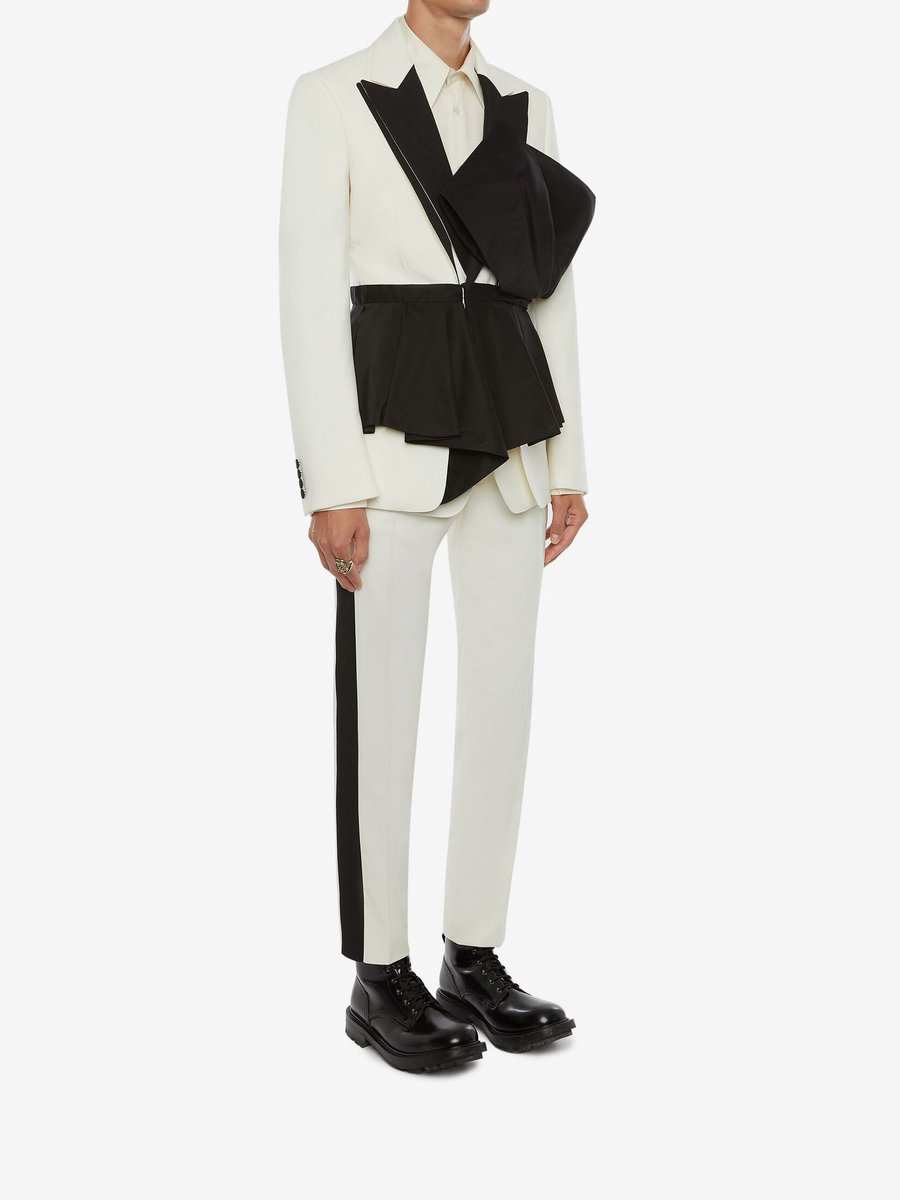 Jimin in this-This white and black flared jacket will definitely give off the Black Swan vibes at the Grammy’s and will also emphasize Jimin’s waist and chest without looking to out of place or making his proportions seem off- plus will add a softer look to the concept