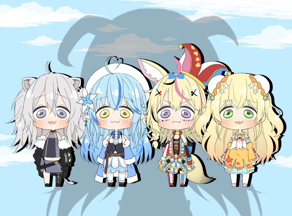 桃鈴ねね ,尾丸ポルカ ,獅白ぼたん ,雪花ラミィ 「やっぱり誰か足りないよね...そうだよね......お?? 」|いなずま⚓🔆のイラスト