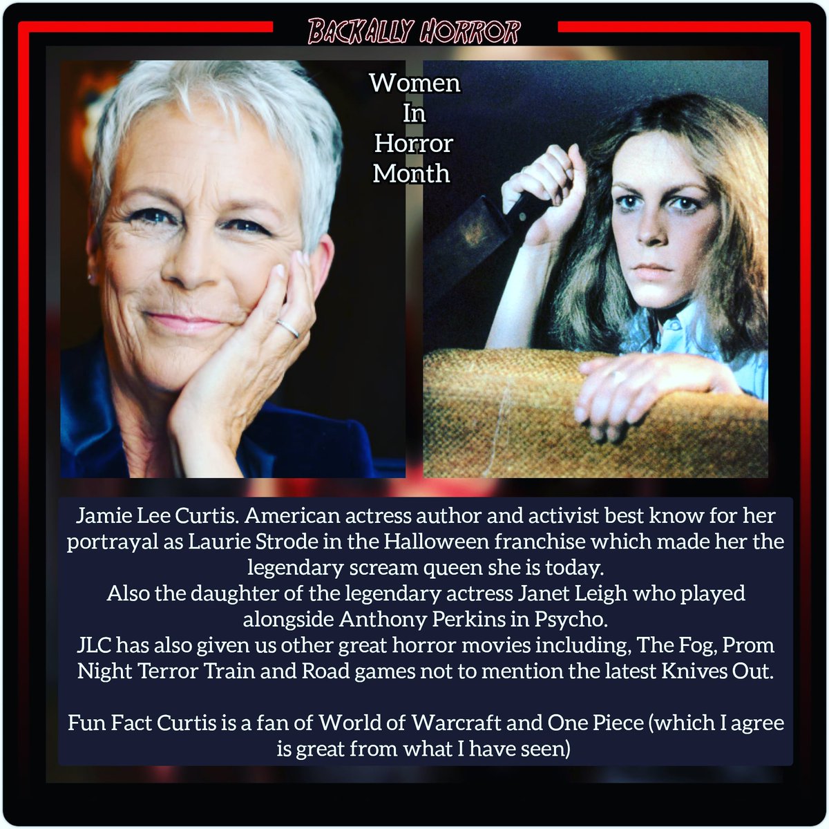 BackAlly_Horror's tweet photo. Our Second entry for Women In Horror Month is the one and only Scream Queen herself @curtisleejamie
She gave us the badass that is Laurie Strode and is apart of the best horror duo on screen.
She is forever my favourite.
.
.
.
#womeninhorror #womeninhorrormonth #wihmonth https://t.co/7YBLxbjXot