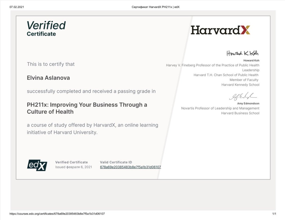 ElvinaAslan's tweet image. I’m glad that, with great pleasure, successfully completed course by @Harvard University. 

Strongly advice. 😌✨

#HarvardCOH 
#HarvardUniversity #edXOnline
