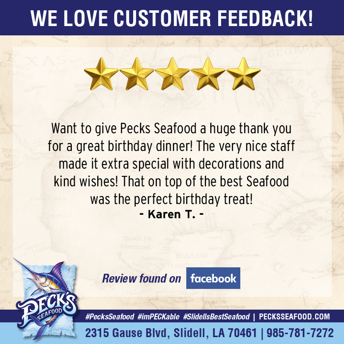 We LOVE getting feedback from our customers! Let us know about your experience at #PecksSeafood - CLICK HERE --> mysmallbiz.reviews/pecksseafood <-- to LEAVE US A REVIEW. #imPECKable #SlidellsBestSeafood