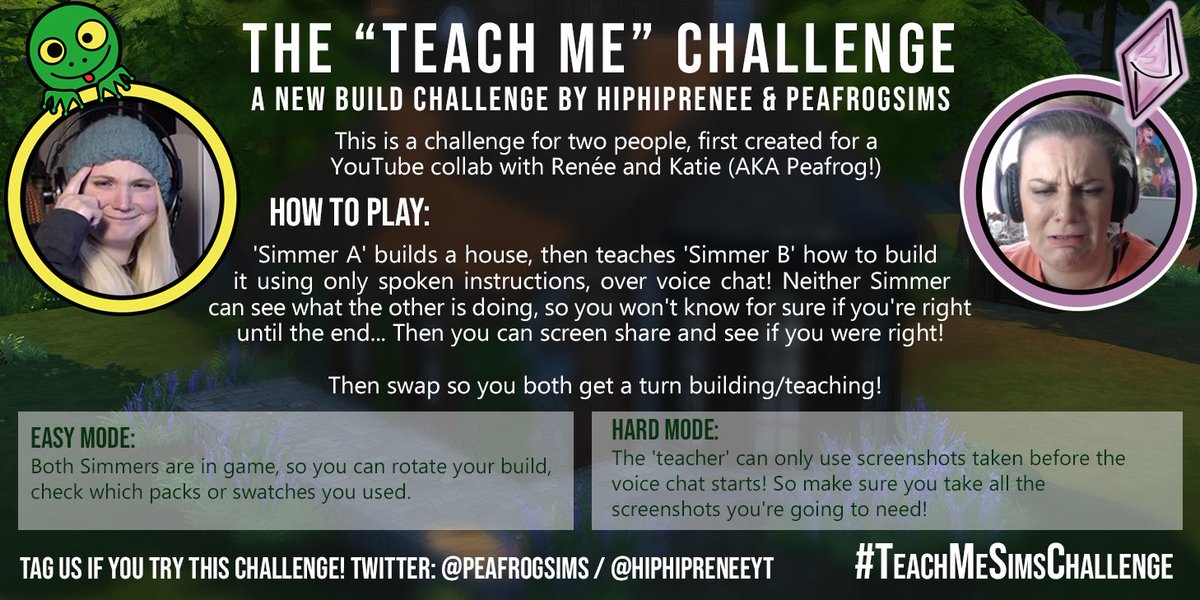 hiphipreneeYT's tweet photo. Did you enjoy the absurd challenge @peafrogsims and I did today? We want you to try it too! Team up with your sims bestie and try it out!

My video: https://t.co/Y46DC5XG6w
Pea’s Video: https://t.co/BQa4Ql6lrA

Don’t forget to tag with #teachmesimschallenge! https://t.co/5qs1577jvX