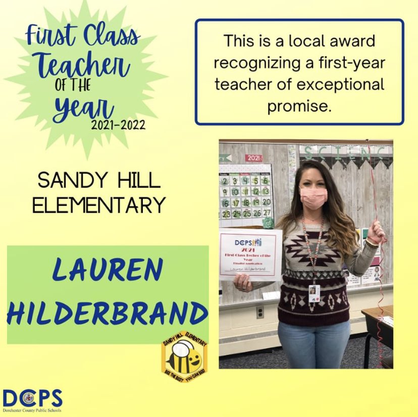 ElementarySandy's tweet image. Congratulations to Sandy Hill Elementary School’s First Class Teacher of the Year finalist, 3rd grade teacher Ms. Lauren Hilderbrand!  🐝💖