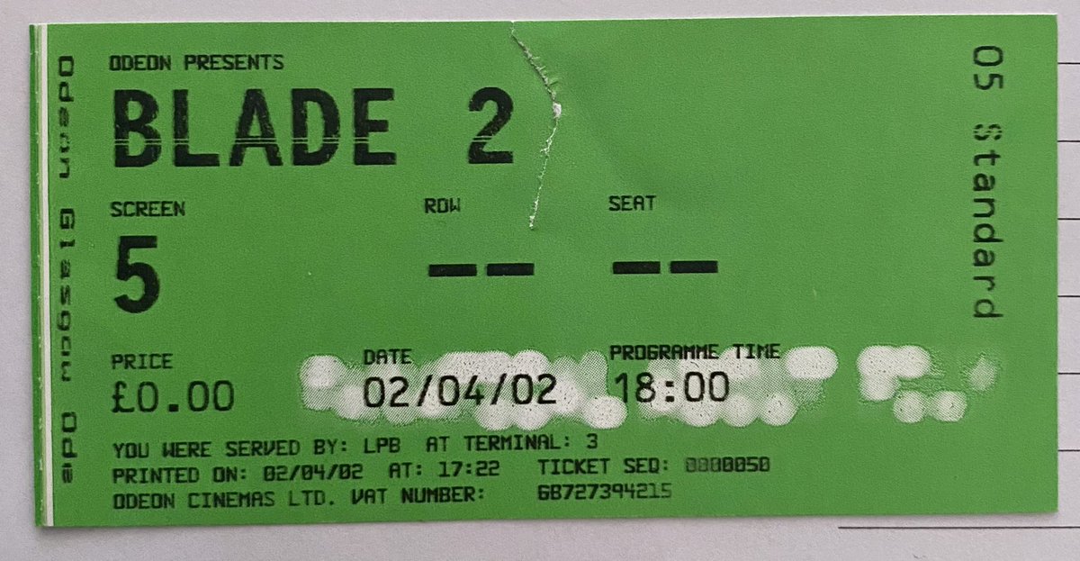 Day 38 - Blade 2 - now it’s not my plan to share many movie or sports tickets but this was a hell of movie, part 1 was legendary plus had a brilliant soundtrack. Wesley Snipes just smashed the role out the park, so thought I’d share this stub. #blade2 #blade #moviestub