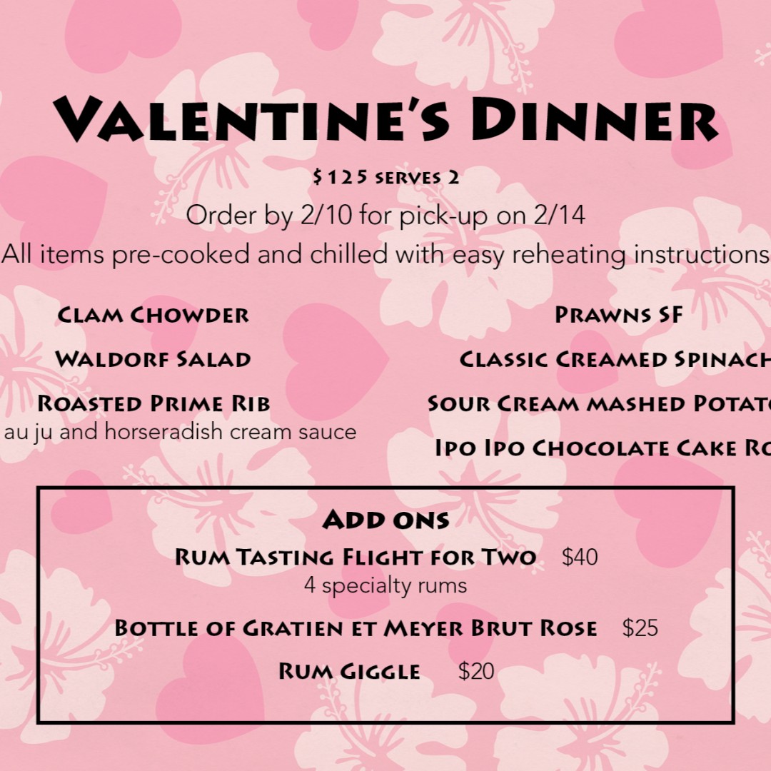 Don't miss out on this romantic dinner package for two! Pre order today for pick-up on Sunday 2/14! All items will be pre-cooked &amp; chilled upon pick-up, easy reheating instructions included! Give us a call at 510.653.3400 or order your package online at tradervicsemeryville.com