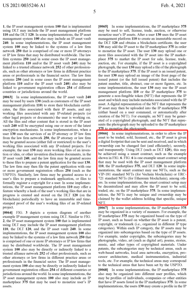 eisenreich's tweet photo. VeChain x US Patent Application 20210035246

VeChain was mentioned in a recent US Patent filing for DLT (02/04/21):

"The smart contract may use NFTs such as the VIP-181 standard NFTs (for Vechain blockchain) or ERC-721 standard NFTs (for Ethereum)."

#VeChain $VET #VeFam #VIP181 https://t.co/ft5FXMOFPp