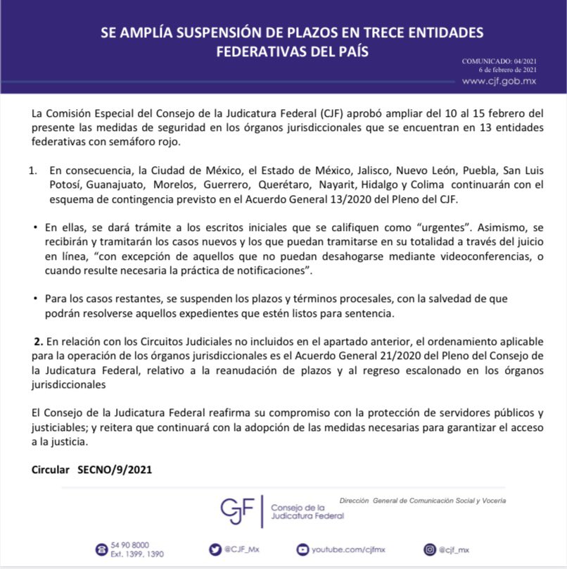 OAJ_Mex's tweet photo. #Comunicado Se amplia suspensión de plazos en 13 entidades del país del 10 al 15 de febrero 👇🏼 https://t.co/GMGx9I2WMF