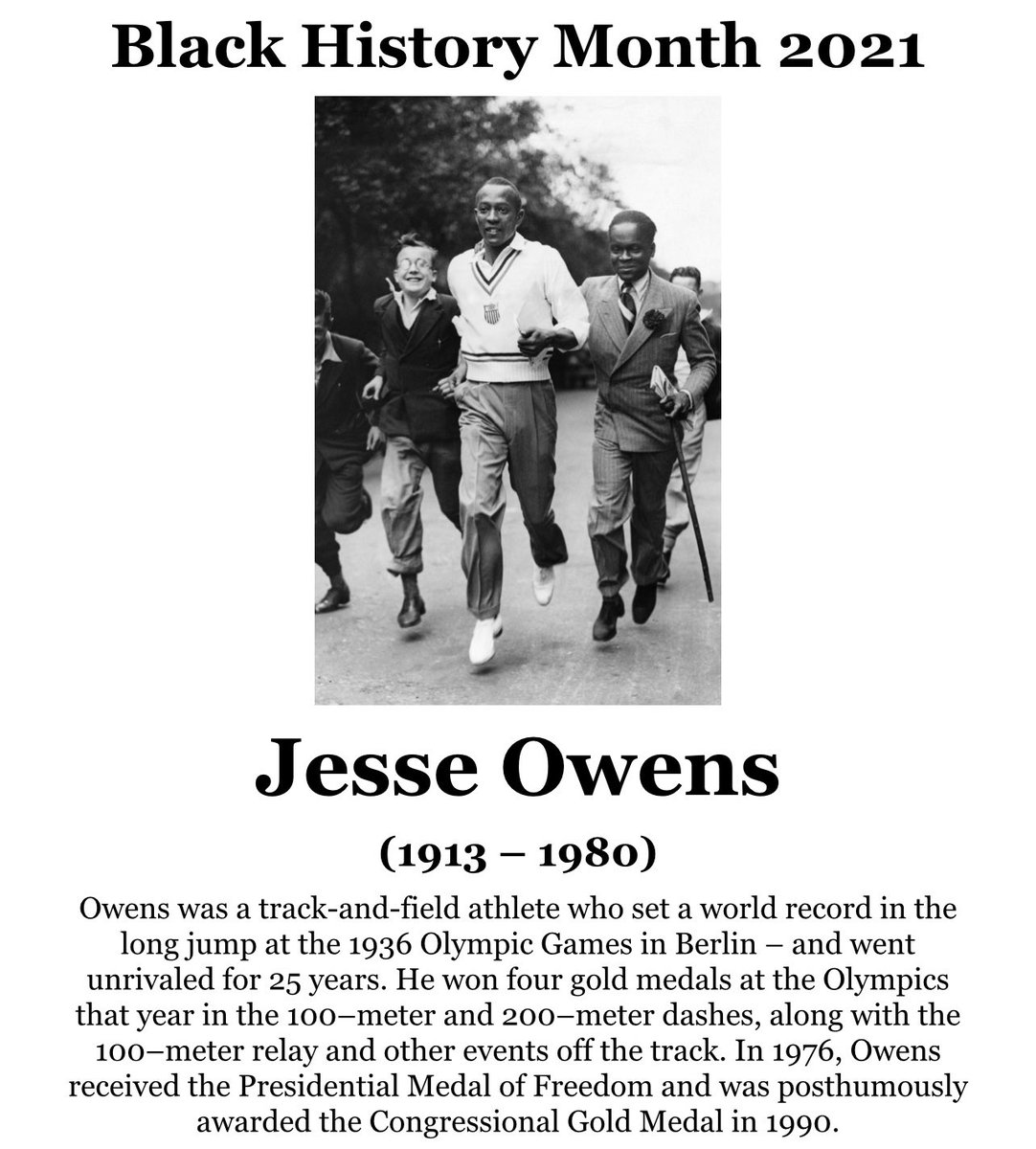 In celebration of Black History Month! ♥️💛💚
Today, we have Jesse Owens, known for his world record in the long jump at the 1936 Olympic Games in Berlin! 🏅🏅🏅

DM me if you'd like to recognize a HERO!

#BHM  #Day6 #28DaysofHistory
#GuestGetMoreinD304
#G392BlackHistoryMonth