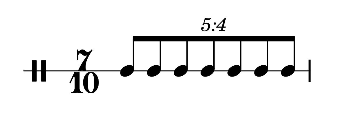 each note in an eighth-note quintuplet is one tenth of a whole note, so a bar of 7/10 will be seven of *those* long: