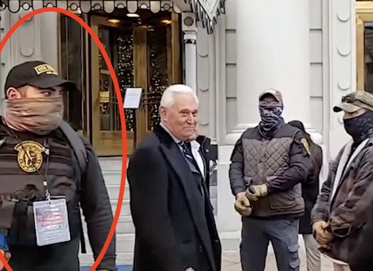 NEW: Rob Minuta guarded Roger Stone Jan 6th...& was later seen at  #Capitol siege..Now we know he has a history of escorting Trump allies like Flynn & Alex Jones. Also seen in December w/indicted Proud Boy  #Spazzo.THREADBy  @arawnsley Link:  https://www.thedailybeast.com/this-far-right-militia-member-provided-muscle-for-roger-stone-alex-jones-and-former-trump-aide-michael-flynn?ref=home