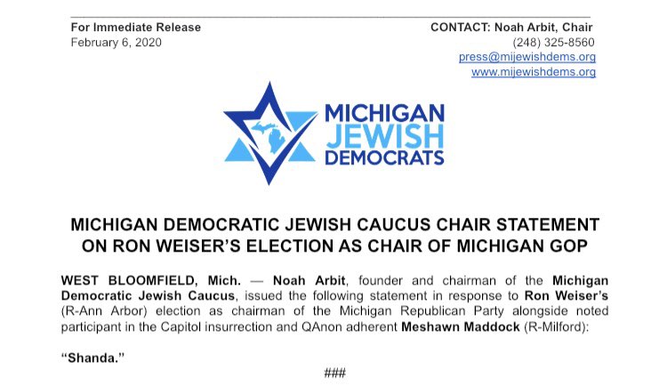 NoahArbit's tweet photo. .@RonWeiser is a shanda. His willingness to turn a blind eye to antisemitic QANON conspiracies within his own party is disgraceful and a threat to Michigan’s Jewish community. As Chair of @MIJewishDems, I will hold him and his party accountable for their dangerous extremism. https://t.co/lD0K0M3wtq