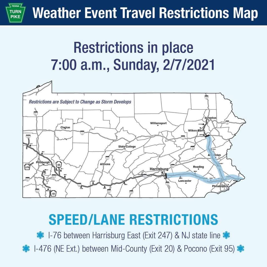 PATurnpikeAlert's tweet image. Beginning at 7AM 2/7/21, the #paturnpike will implement speed and lane travel restrictions on some sections of the roadway. ⬇️ Remember to check 511PA.com for the latest road conditions and information. @P_M_T_A