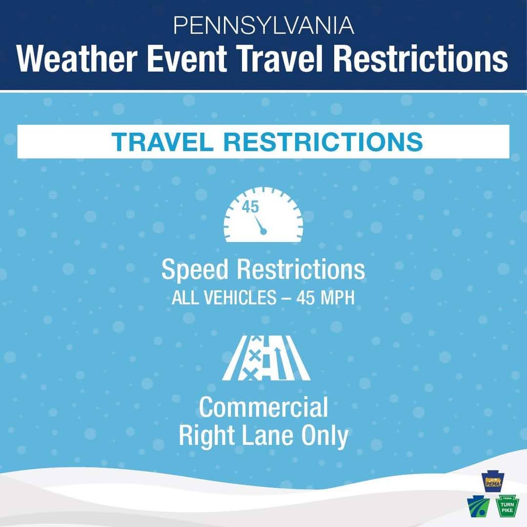 PATurnpikeAlert's tweet image. Beginning at 7AM 2/7/21, the #paturnpike will implement speed and lane travel restrictions on some sections of the roadway. ⬇️ Remember to check 511PA.com for the latest road conditions and information. @P_M_T_A