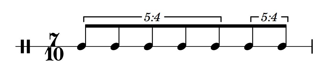 now! you can certainly say it's weird to be like "there are 5 of these where there should be 4, except actually there are 7 of them", which is what that 5:4 tuplet indication kinda says, and if you want to do something like one of these, cool, rad, we can fiddle with it