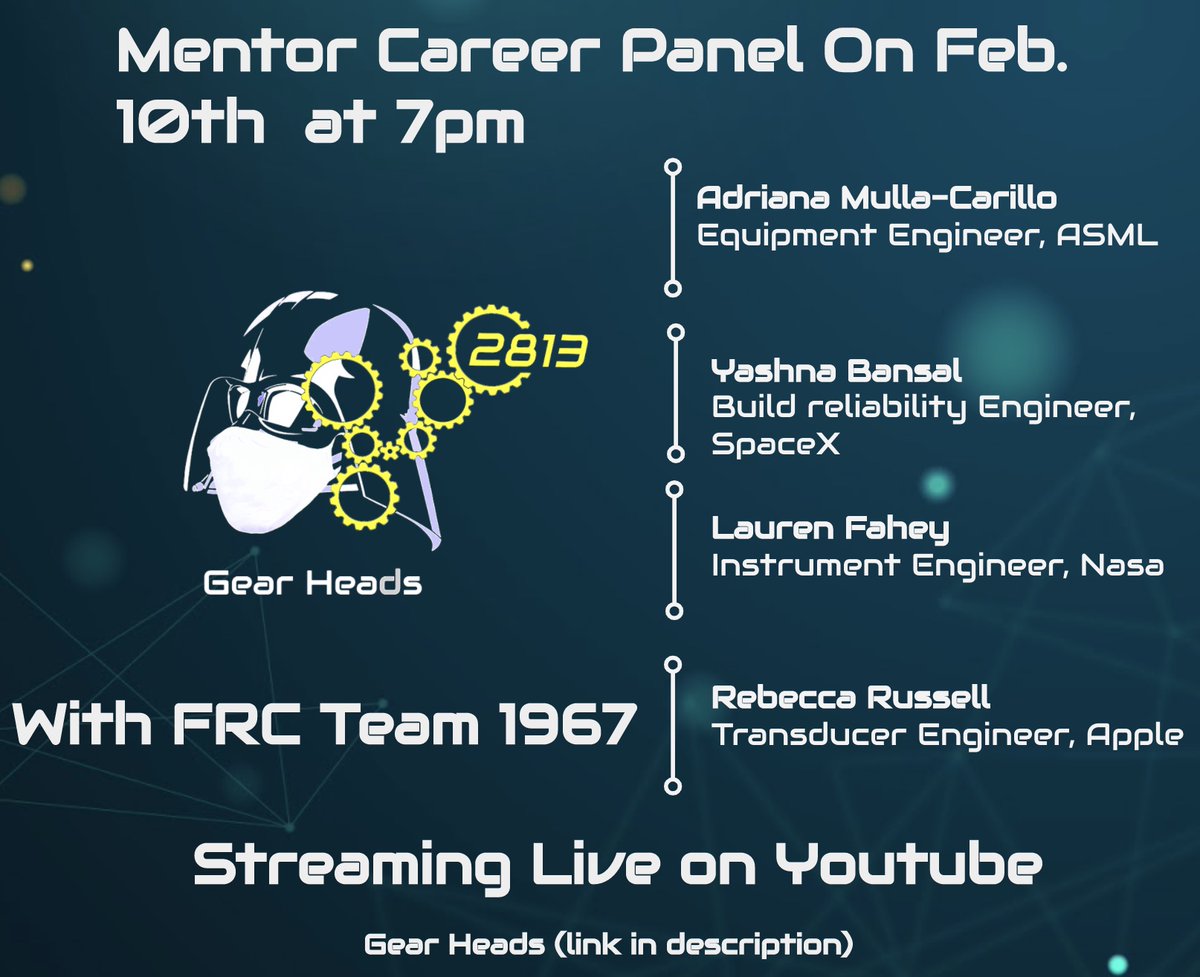 Mentor Career Panel with FRC team 1967 will be live on Gear Heads youtube channel (link in bio) on Feb 10th <a href="/7pm/">Huong Le</a>. Hope to see you there :)