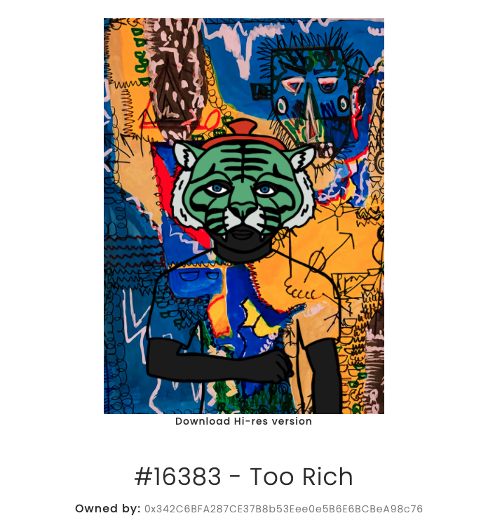 Despite the slippage rule, the final NFT was sold for the full 100 ETH. It was aptly named "Too Rich". To name an NFT, one needs to use a fungible token called Name Changing Token (NCT). There can only be one unique name for each art piece and NCT is burned for each name change.