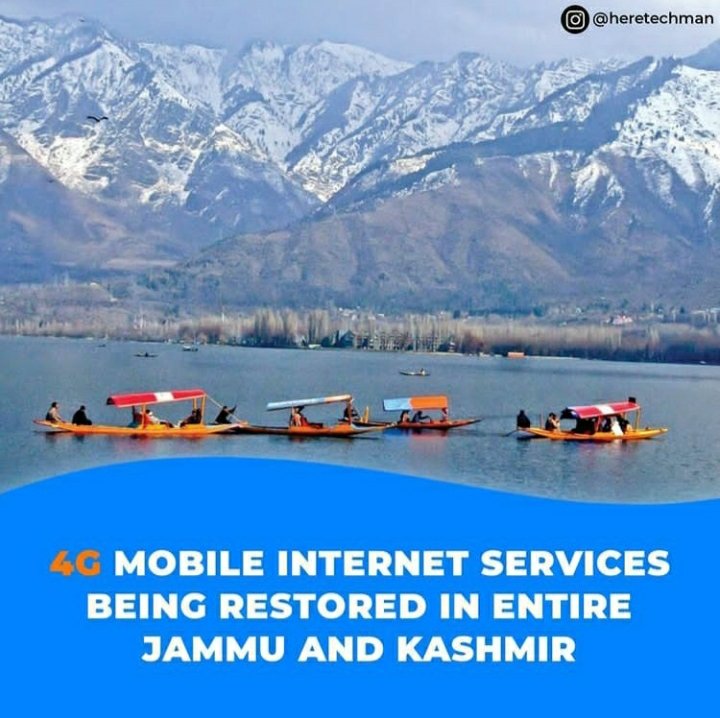 Heretechman_'s tweet photo. High-speed 4G mobile internet services being restored in entire Jammu and Kashmir
.
.
#heretechman #htm
#jammukashmir #update #jammu #internetinjammu #nowdays
#dailyupdates https://t.co/Ko9FepBtws