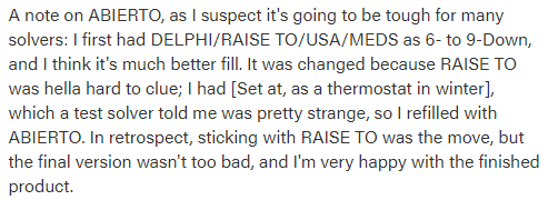 Said qualms: In my debut puzzle (10/3/19) I used the word ABIERTO; as I noted, I disliked it. Even now I'd switch it out. This following Mangesh Ghogre's GANDHI puzzle, I was given the pass to use it because it was a part of my "background". (4/13)