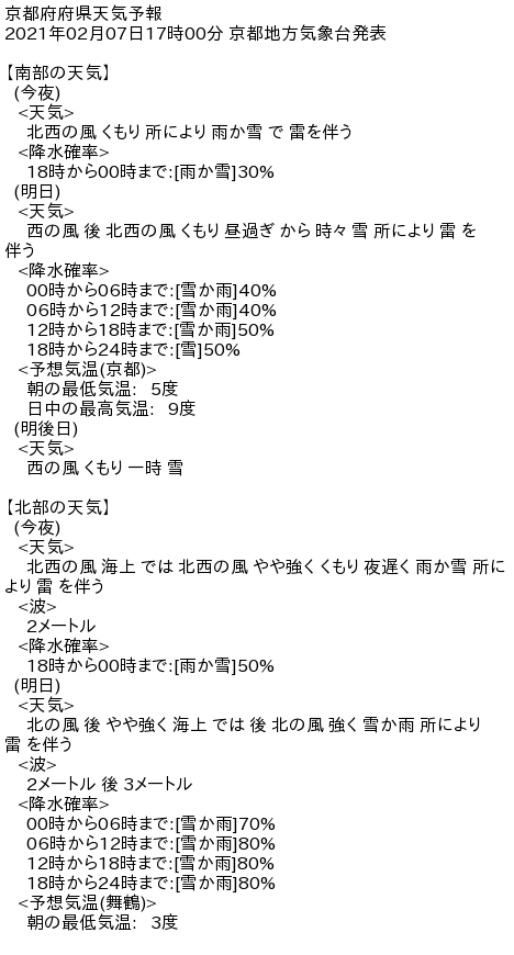 京都の気象情報 京都府府県天気予報 21年02月07日17時00分 京都地方気象台発表 南部の天気 今夜 天気 北西の風 くもり 所により 雨か雪 で 雷を伴う 降水確率 18時から00時まで 雨か雪 30 明日 天 T Co Aqccgwpnih