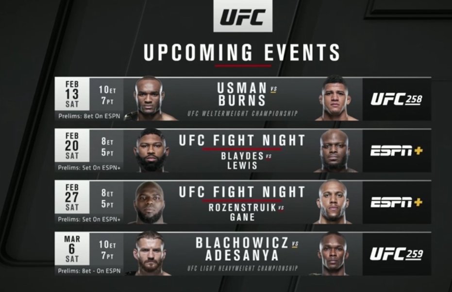 This is how the next month looks in the UFC. 

UFC 259 also features two more title fights in Amanda Nunes vs Megan Anderson, and Petr Yan vs Aljamain Sterling. 

#UFC https://t.co/i9V9N2GFpo