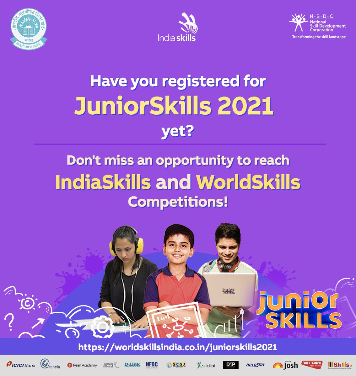 MSDESkillIndia's tweet photo. Participate in India's 1st skill championship for children, #JuniorSkills Championship 2021, for students of classes VI-XII by NSDC's India Skills &amp; CBSE &amp; set the ball rolling for your journey towards all your dreams. Register NOW:  https://t.co/zwUEgqwfHY https://t.co/XK8bnXibdT
