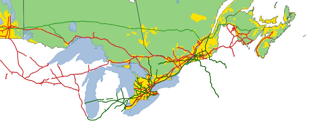 The route is highly speculative - perhaps there will be minerals, but there is next-to-no soil in the Shield. Pictured are the proposed line (light green) as well as CPR (red) and GT(dark Green), as well as in yellow Canada's Agricultural 'ecuneme'