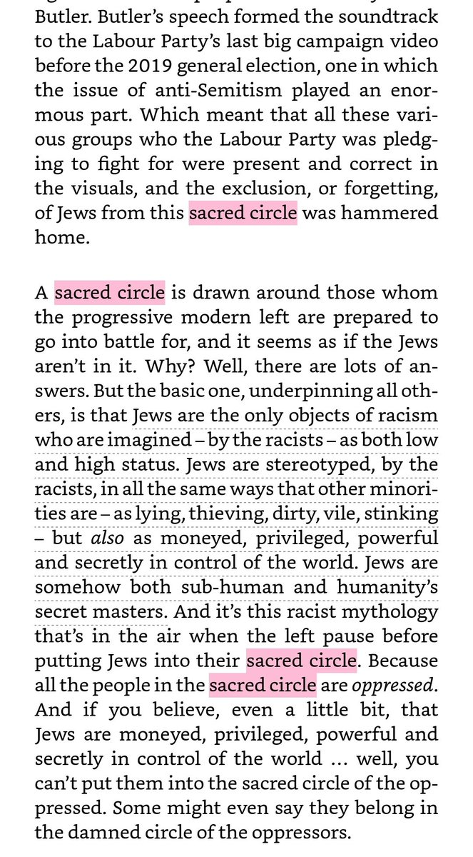 Firstly the concept of the "sacred circle" (pages 18-19, 94, 113)This supposed moral framework of oppressed - oppressor of progressives, where Jewish people fall outside of this "sacred circle" due to their (conditional) whiteness.