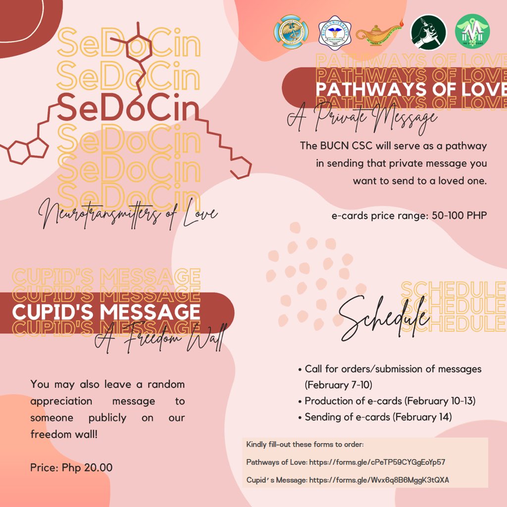 bucn_csc's tweet photo. BUCNCSC004-E5
#SeDoCin
#NeurotrasmittersofLove

This coming valentine’s day, let the Bicol University College of Nursing Student Council transmit your message through “SeDoCin: Neurotransmitters of Love”, where you can express your appreciation to someone in two ways: 

(1/3) https://t.co/8vCiTZeeYu