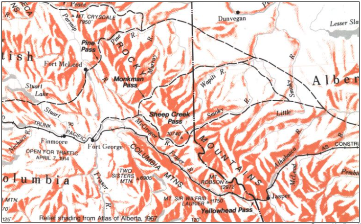 Both the CNoR and the GTP are at an impasse on crossing the mountains. All had looked at various routes over the Rockies from Edmonton - Peace River Pass, Pine Pass, Sheep Creek Pass, and the aforementioned Yellowhead Pass are considered