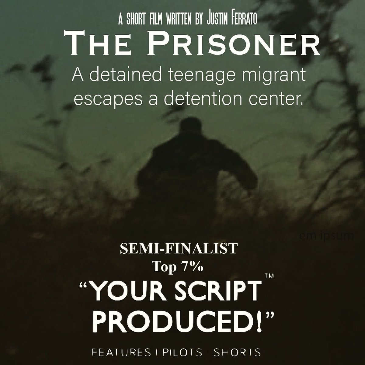 JustinFerrato's tweet photo. Update! Just found out my short script The Prisoner advanced as a Semi- Finalist for @YourScriptProduced! Thank you for the recognition and opportunity! 🙏 The script is a psychological crime thriller that confronts the immigration crisis at the detention centers on our borders. https://t.co/ScrBxHXE9H