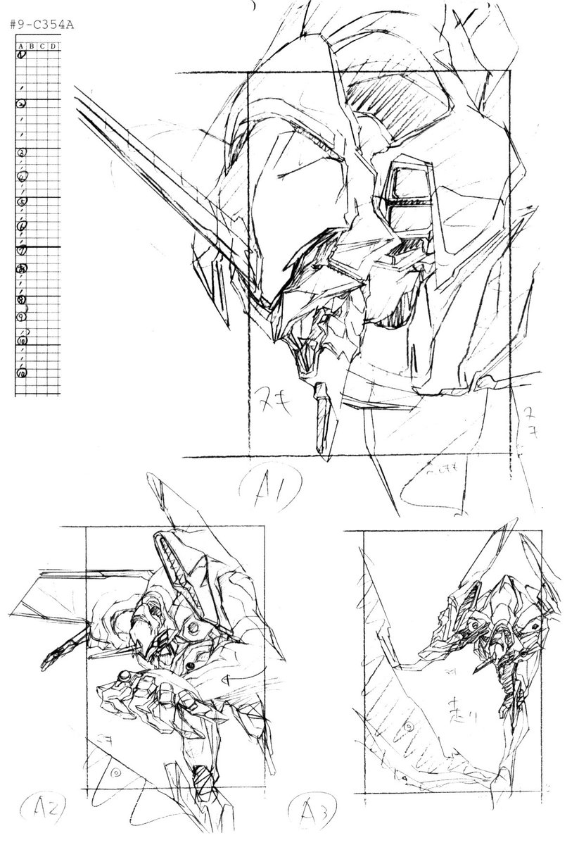Some Neon Genesis Evangelion (新世紀エヴァンゲリオン) production materials.

The first one was made by Yutaka Nakamura (中村 豊).
I don't know who did the second.
The third was made by Mitsuo Iso (磯 光雄).
The last one was made by Yoshiyuki Sadamoto (貞本 義行). 