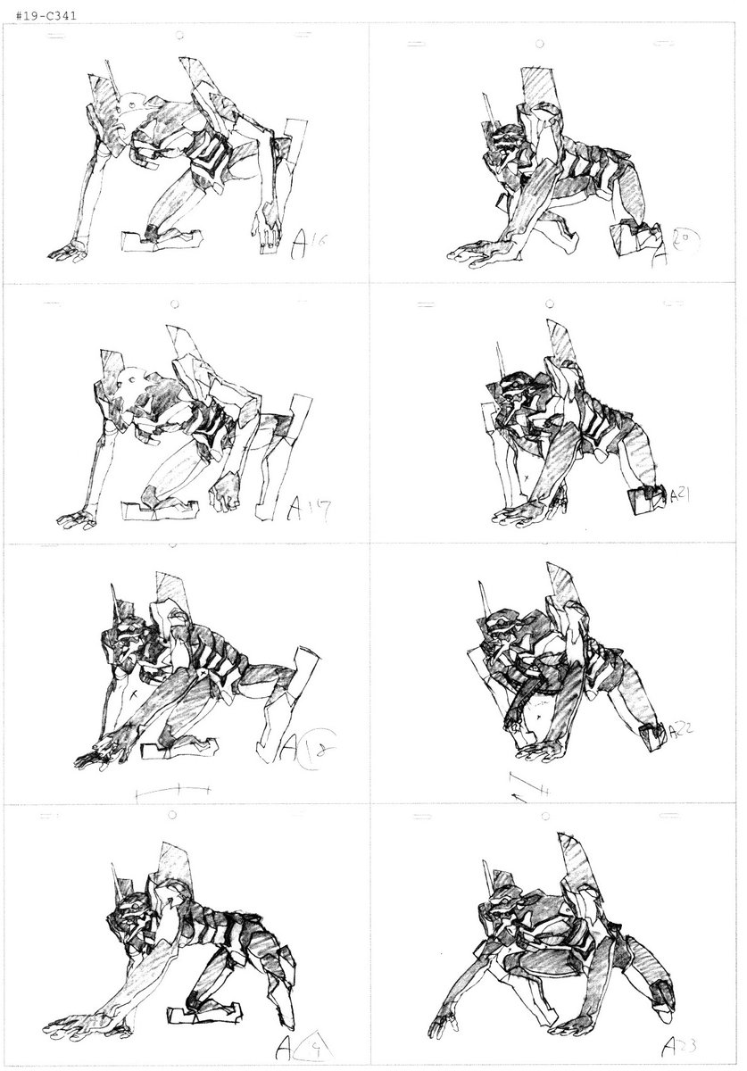 Some Neon Genesis Evangelion (新世紀エヴァンゲリオン) production materials.

The first one was made by Yutaka Nakamura (中村 豊).
I don't know who did the second.
The third was made by Mitsuo Iso (磯 光雄).
The last one was made by Yoshiyuki Sadamoto (貞本 義行). 