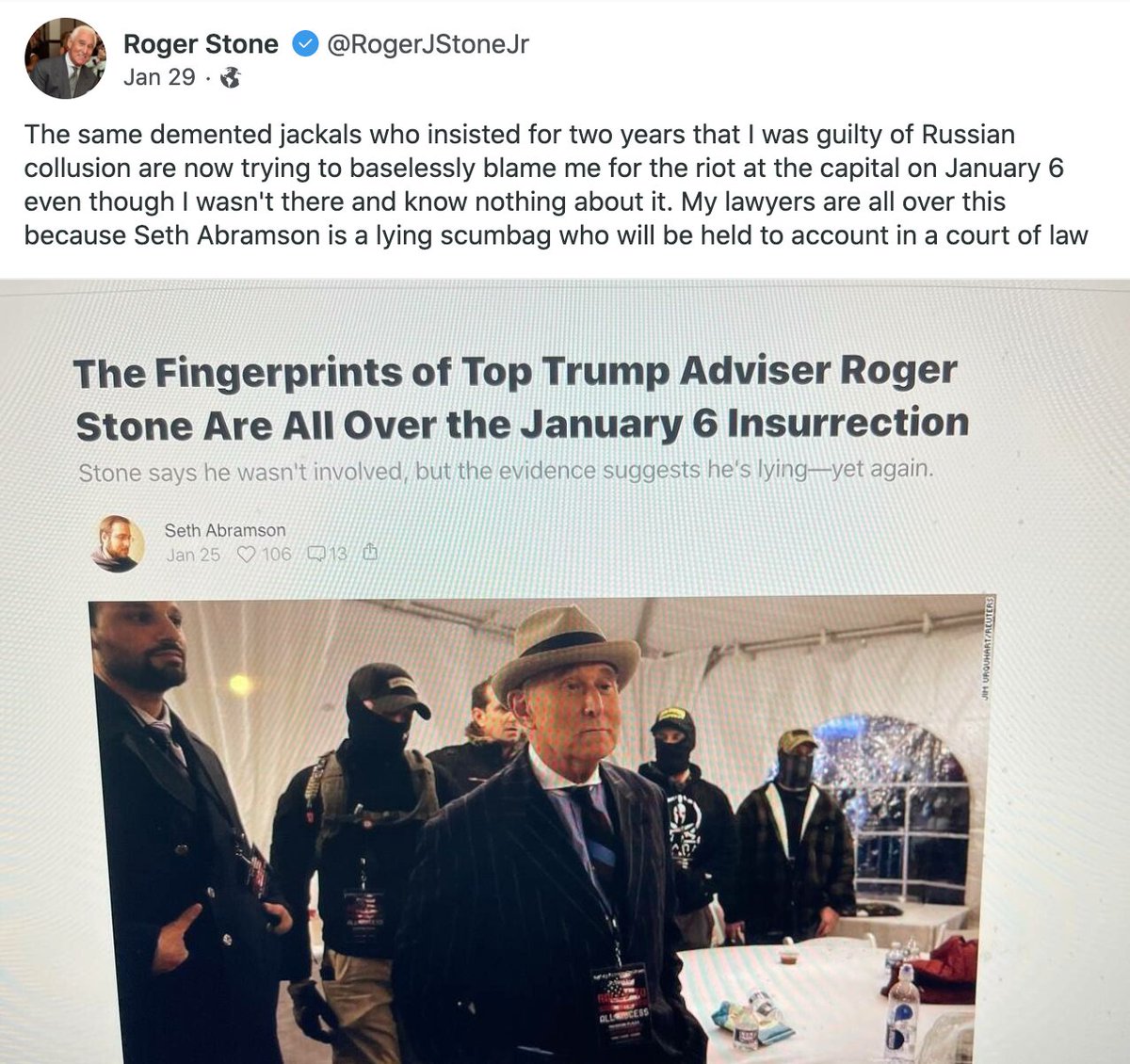 (UPDATE) Roger Stone has called me a "lying scumbag" on Gab for linking to major-media reports—including videos—detailing things he did. In one video, Stone raises money online for "protective equipment" for insurrectionists—exactly what his friend Ethan Nordean was arrested for.