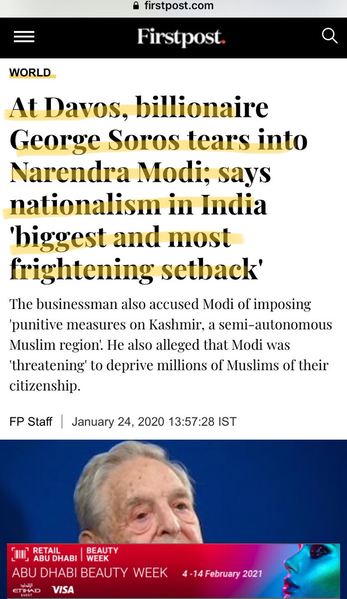 എങ്കിലും 24/1/2020 ന് വേൾഡ് എക്കണോമിക് ഫോറത്തിൽ സോറസ് ഒരു സ്‌പീച് നടത്തി അതിൽ അയാൾ പറഞ്ഞത്‌ മോദി ഹിന്ദു രാഷ്ട്രം ഉണ്ടാക്കാൻ ശ്രമിക്കുന്നു മുസ്ലീങ്ങളെ കൊല്ലാൻ നോക്കുന്നു എന്നൊക്കെ കൂടാതെ നാഷണലിസത്തിനെതിരെ ഫൈറ്റ് ചെയ്യാൻ 1 ബില്യൺ ഡോളർ ഫണ്ട് ഇറക്കും എന്ന് പറയുന്നു